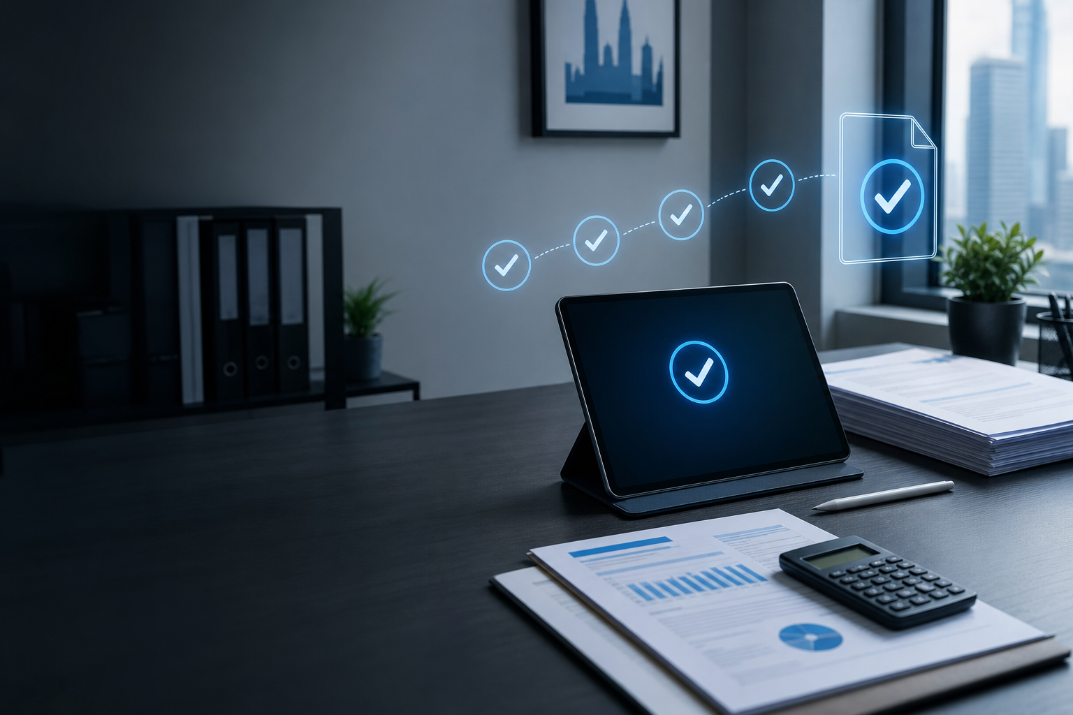 Digital e-Invoice workflow with verification icons
